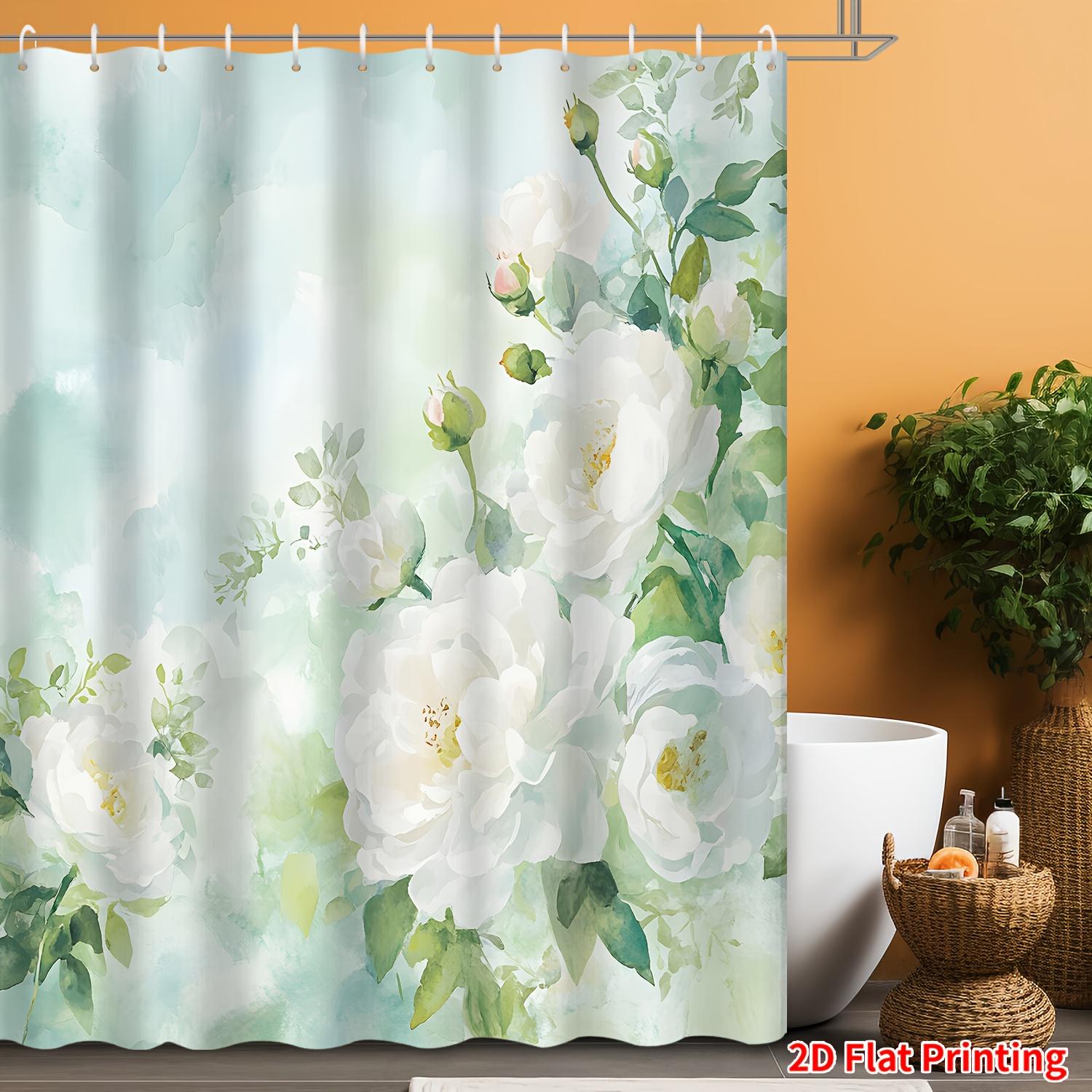 

White Rose Watercolor Shower Curtain Green Leaves Art Bathroom Decor Elegant Floral Bath Curtains For Modern Home Interior W60H190(CM)-1 Pcs