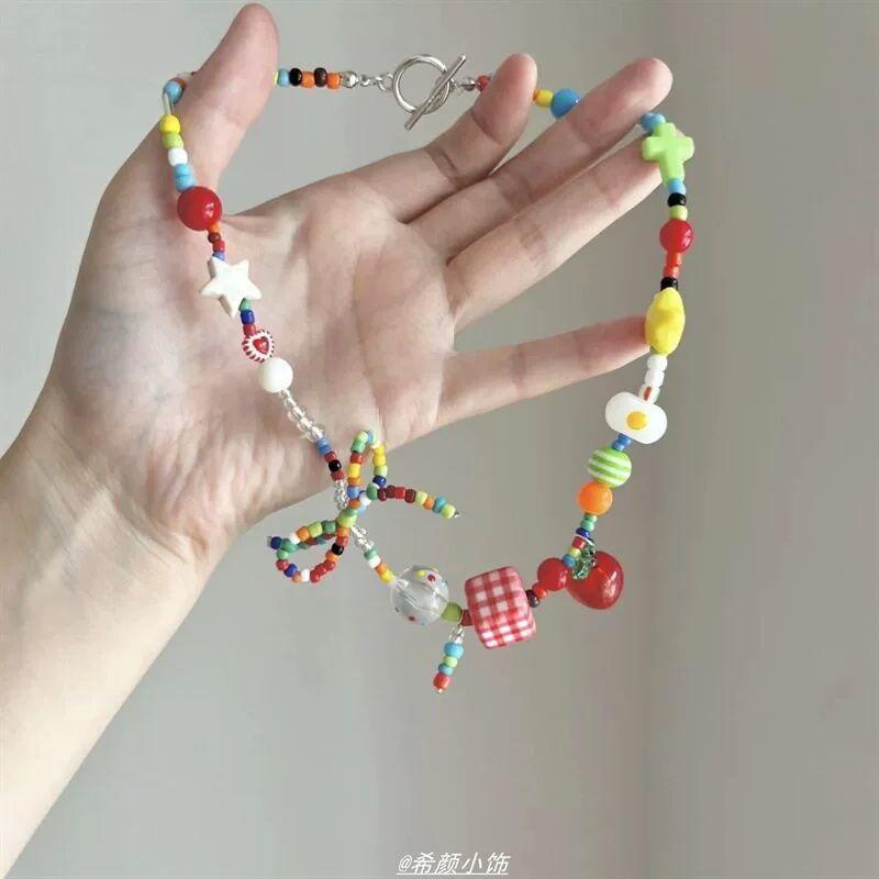 Dopamine color ceramic love hand-woven beaded necklace women's seaside vacation style long sweater chain accessories