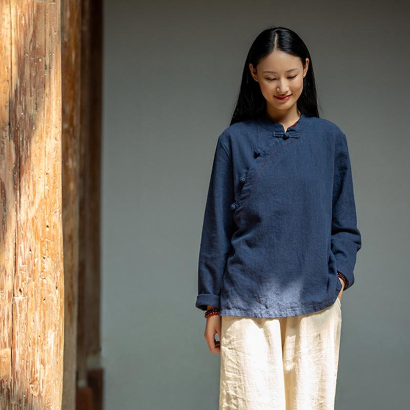 Women's Hand-Stitched Retro Chinese Frog Button Cotton Linen Shirt