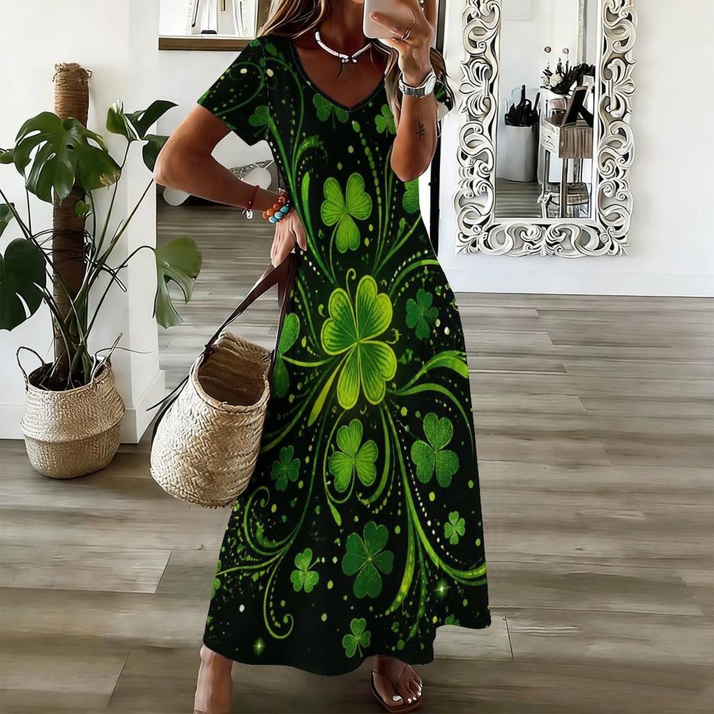 Women Plus Size V Neck Short Sleeve Clover Printed Dark Green Long Straight Dress