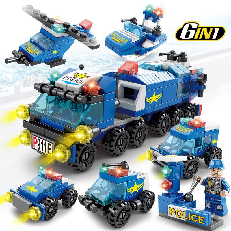 6 in 1 Mega City Building Set - Police Car, Fire Truck, Crane, Tank, Helicopter & More, Construction Engineering Toys Gift