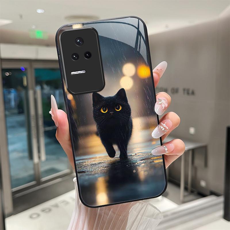 Beautiful Flower Cute Cats Case For Xiaomi Poco F4 5G / Redmi K40S Tempered Glass Phone Case Protective Back Cover Hard Shell