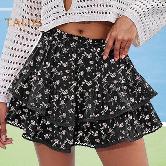 Women Cake Skirt High Waisted Double-Layered Ruffle Bohemian Mini Skirt with Elastic Waistband Lace Hem Skirt