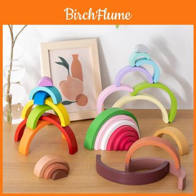Wooden Children Rainbow Arch Building Blocks Set With Multi Color Tiles For Toddler Education