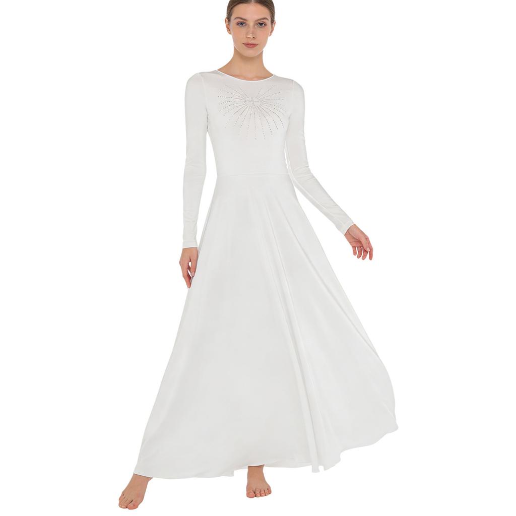 S-XXL Dámské liturgické lyrické taneční šaty Přední kamínky Dlouhý rukáv Kulatý výstřih Liniové maxi tuniky pro kostelní sbor, bohoslužby, modlitební akce