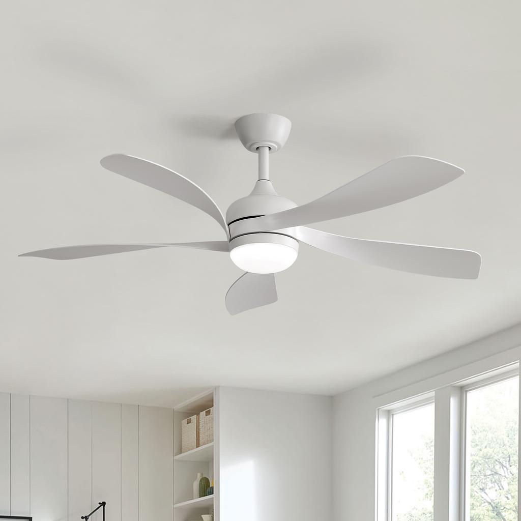 Modern 42-inch ceiling fan with lighting and remote control, 5 ABS blades, reversible, quiet direct current motor – White