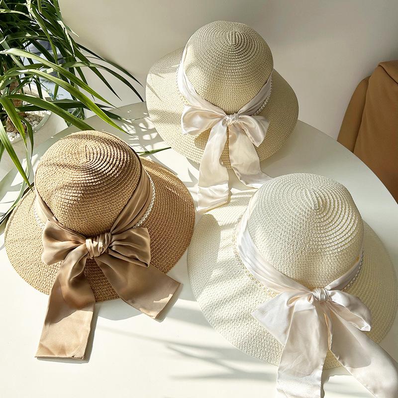 Hat Style Versatile Straw Woven Elegant Pearls Bow Womens Retro Sunshade Hats