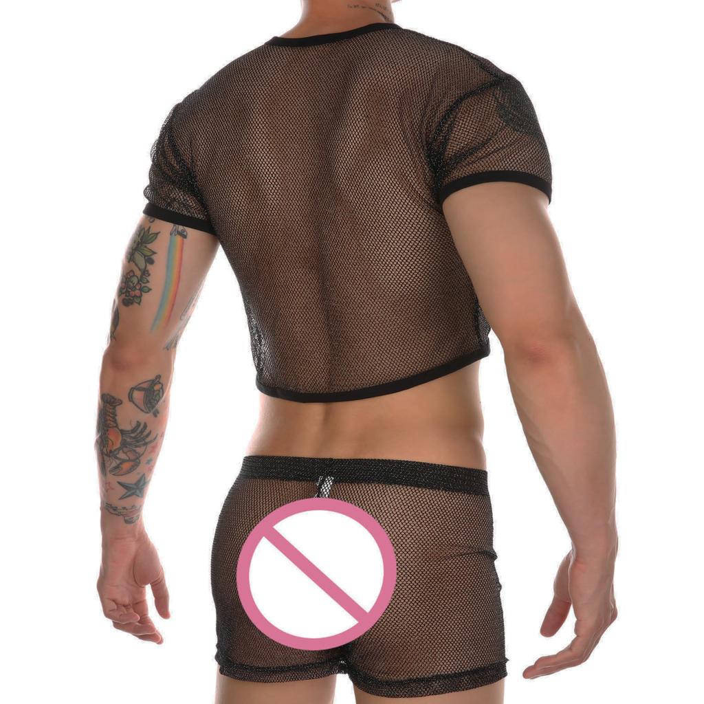 Men Sexy Crop Tops Transparent Fishnet Boxers Set Mesh Lingerie Man T-Shirt Hollow Out Net Clubwear Silvery Shine