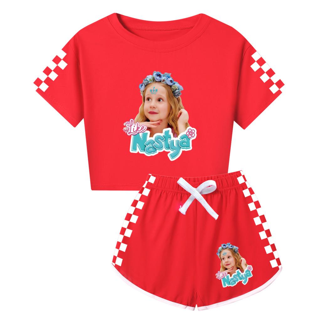 

5530 Kids Girls Nastya Print Short Sleeves T-Shirt Shorts Pants Sport Clothes Set 170cm червоний