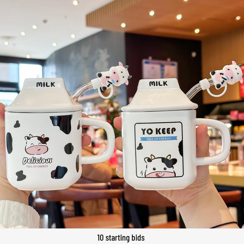 

Cute Ceramic Children s Milk Mug with Lid and Straw