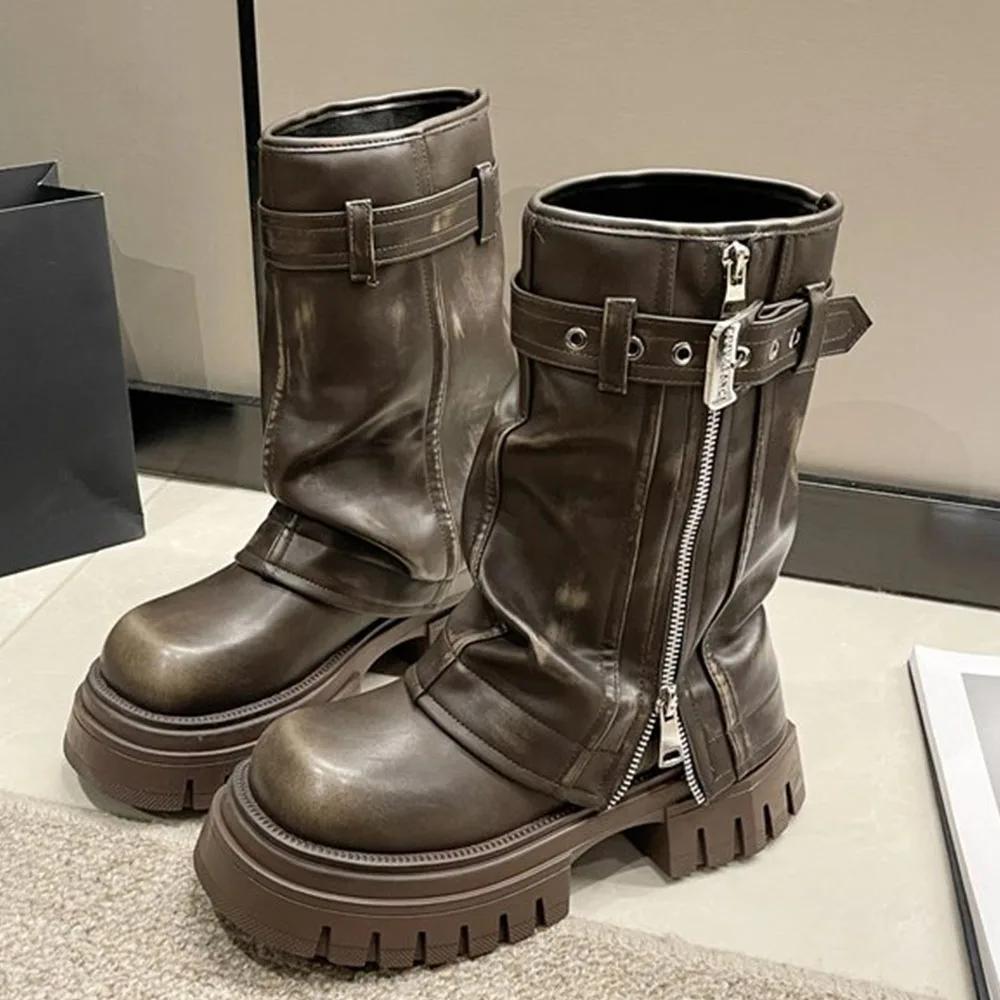 Fashion Brand Desinger Knight Women Mid Calf Boots Chunky High Heeled Platform Punk Motorcycle Long Booties Goth Street Shoes For Women