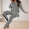 Women Plus Size Black White Striped Printed Half Zip Long Sleeve Longline Top And Fitted Pants Two Piece Set