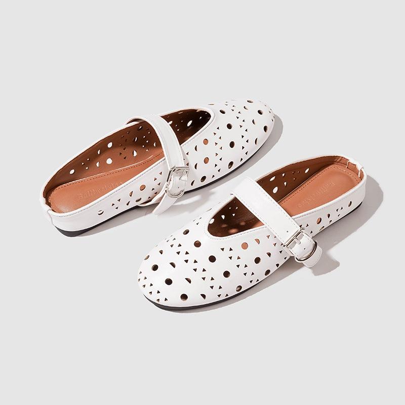 Spot version~ Inner heightening round head hollow bag head drag women's new French shallow mouth breathable one-word slippers with holes