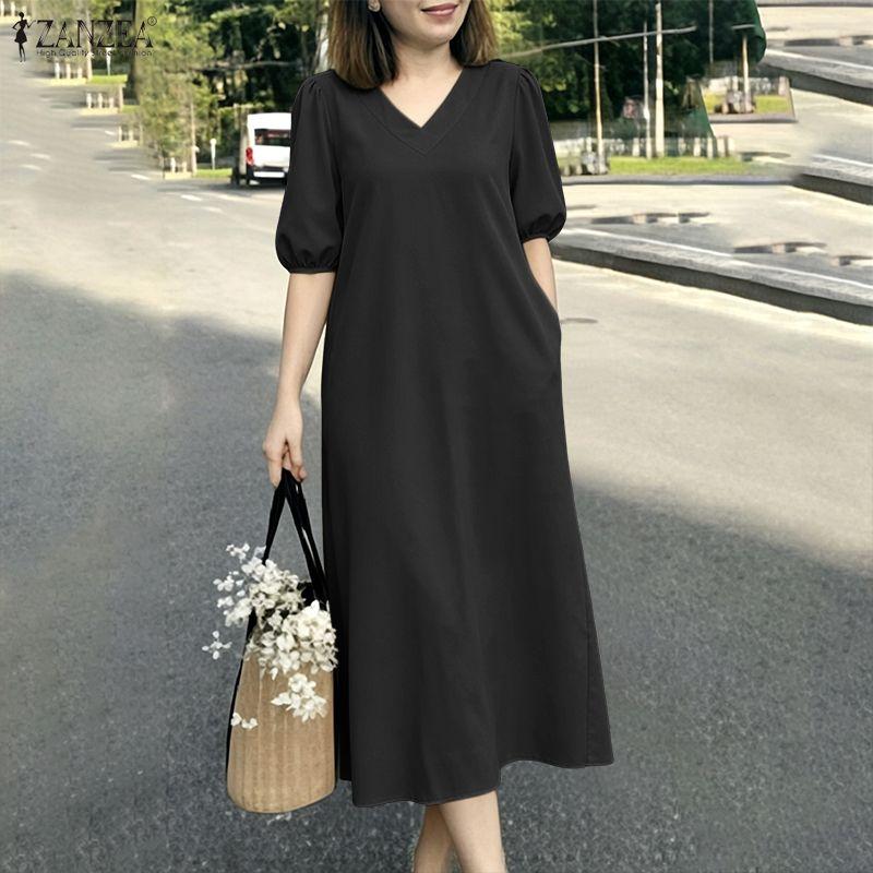 ZANZEA Women Casual V-Neck Solid Color Loose Half Sleeve Dress