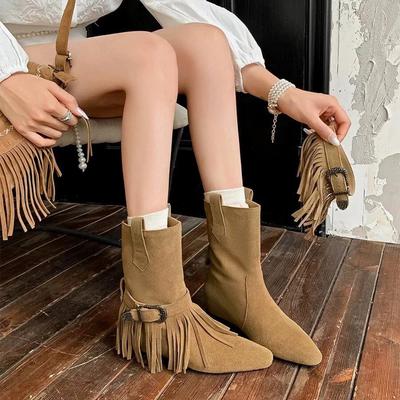 Niche Two-wear Design Sense Fringed Pointed Martin Boots Western Cow Boots Women's Autumn and Winter Mid-boots Flat-bottomed Short Boots