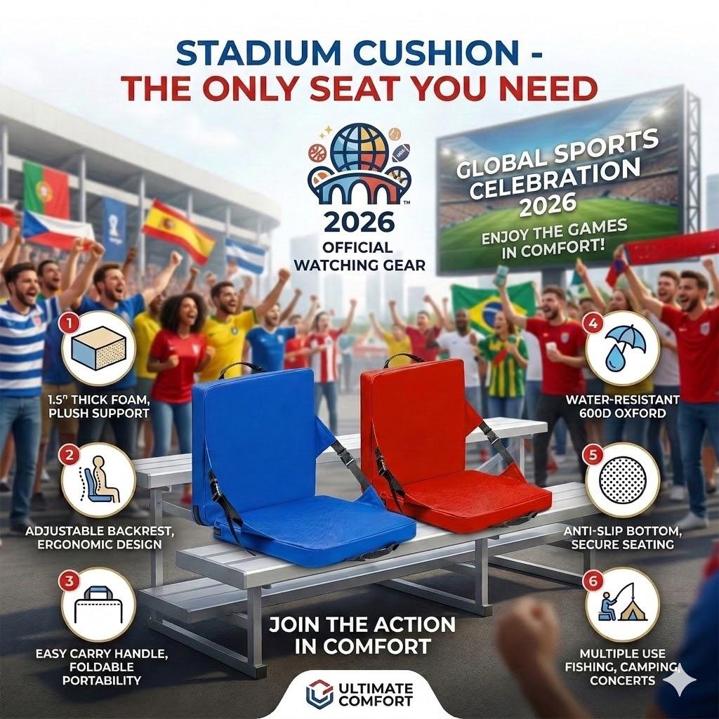 Portable Stadium Cushion 1.5in Thick Foldable Bleacher Seat with Handle Water-resistant Chair Pad for Sports Events & Camping