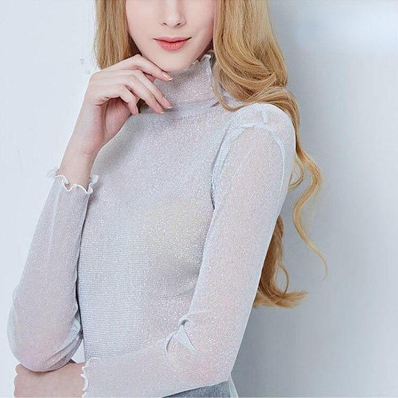 Sexy Women T Shirt See Through Transparent Mesh Tops Long Sleeve Sheer Slim Ladies Turtleneck Bright T-Shirt Top