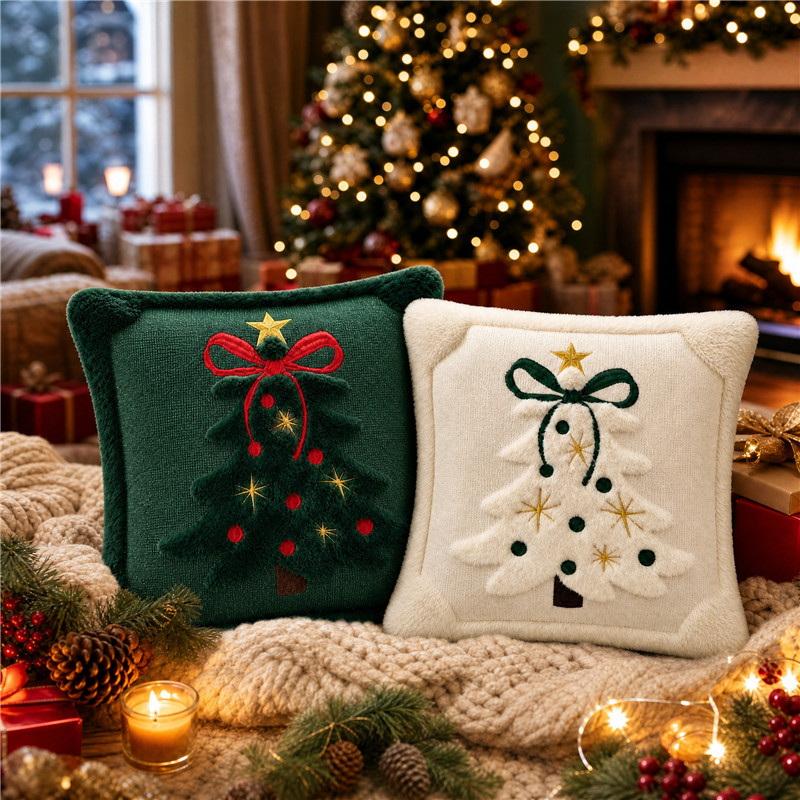 3D Christmas Tree Throw Pillow Covers Faux Plush Embroidered Xmas Tree Pattern Cushion Covers For Sofa Couch Home Decor