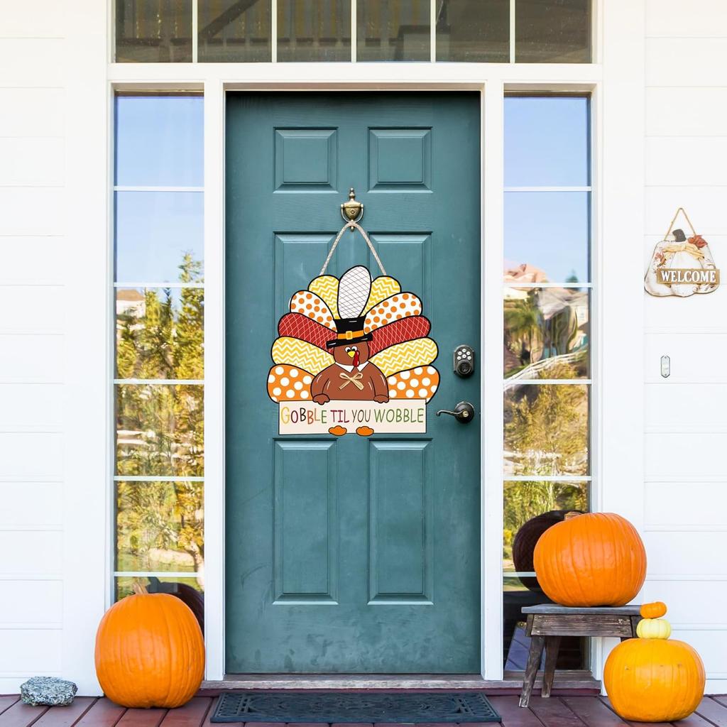 CYNOSA Thanksgiving Wreath for Front Door Turkey Door Hanger Gobble Sign Thanksgiving Turkey Outside Door Decorations