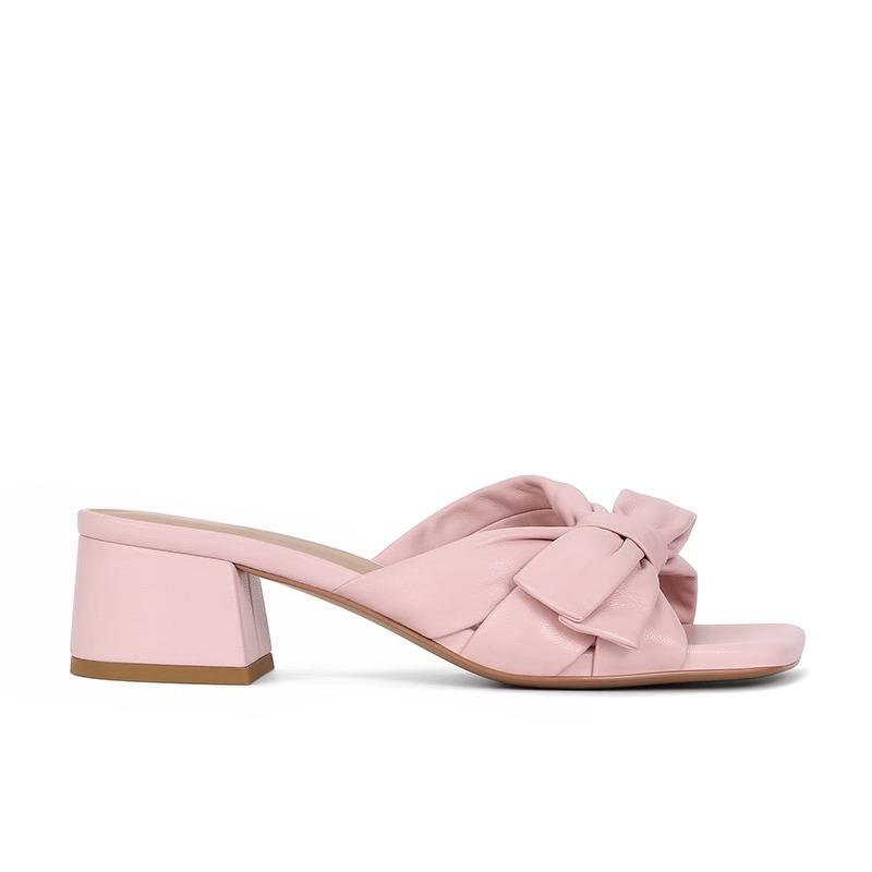 

Версия из овчины~ Домашние тапочки с бантом и толстым каблуком, женские полутапочки, босоножки на высоком каблуке, летние полусабо для улицы 40 розовый