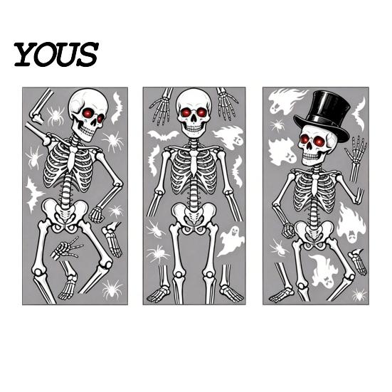 Thick PVC Window Sticker 3Pcs Halloween Skeleton Glass Stickers, Waterproof Clings, Static Decals, Wear-resistant Cling Removable Stickers