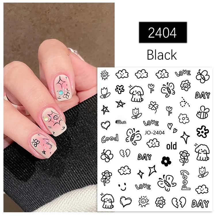Adorable Doodle Nail Stickers: Kitten, Puppy, Rabbit, Candy Colors, Lines, and Starburst Designs. Self-Adhesive Decals.
