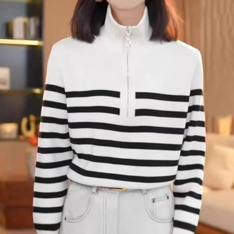 Plus Size Striped Knitwear Lapel Zipper Sweater for Women - Autumn/Winter Loose Fit, Lazy Style, Thick Coat