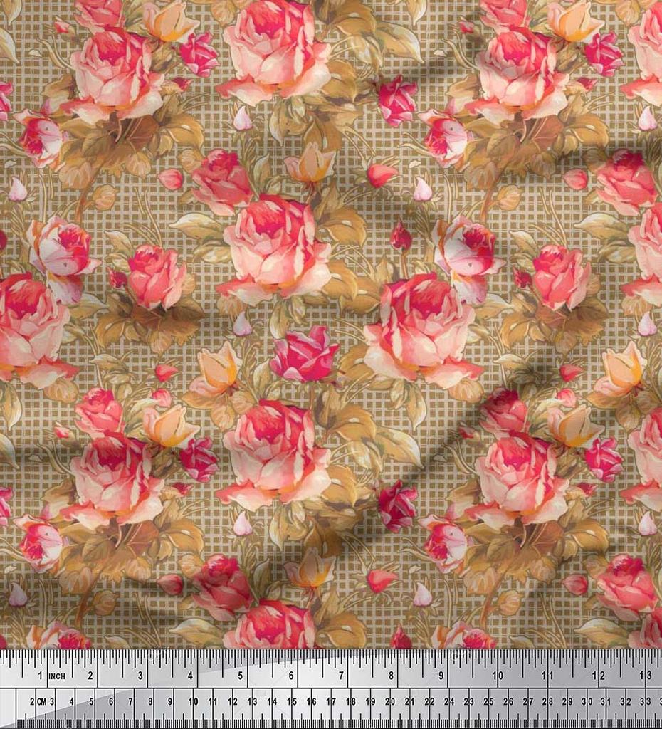 Soimoi Japan Crepe Satin Stoff Sjekk, Blader & Rose Blomstertrykk Sy Stoff meter 42 tommer