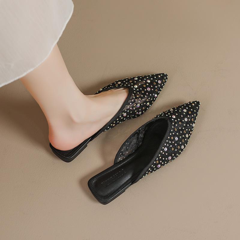 Fashion Pointed Toe Women Lace Slippers Crystal Beading Slides Summer Shoes Woman Embroider Mesh Sandalias Mujer Pantuflas Big Size 43
