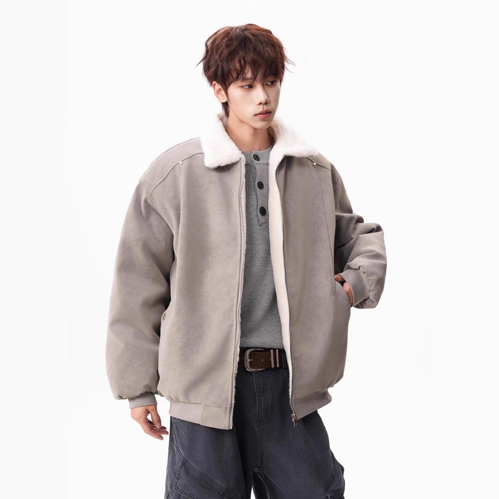 Men's Winter Barn Style Lambswool Cotton PU Leather Jacket, Thickened Warm Street Cool Workwear Coat