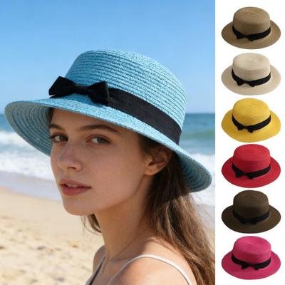 Beach Straw Hat Flat Top Wide Brim Sun Protection Hat with Black Ribbon Bow Hand-Woven Breathable Summer Hat