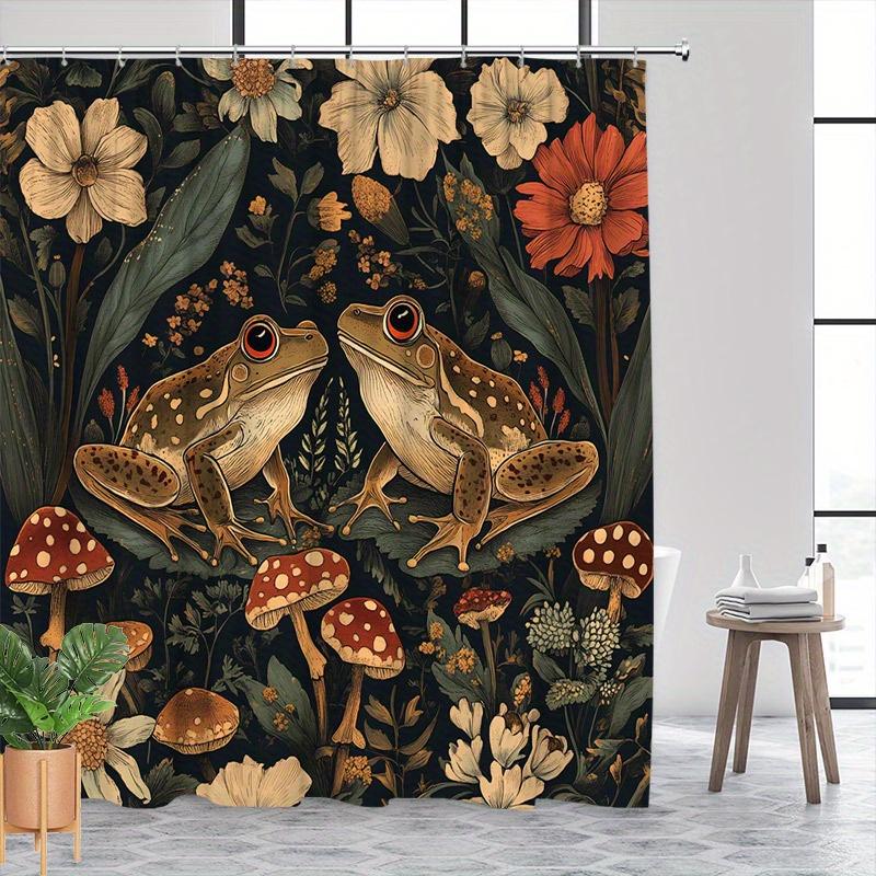 Frog and Mushroom Garden Shower Curtain  Whimsical Design with Earthy Colors,Colorful Fungi & Leaves, Machine Washable Polyester