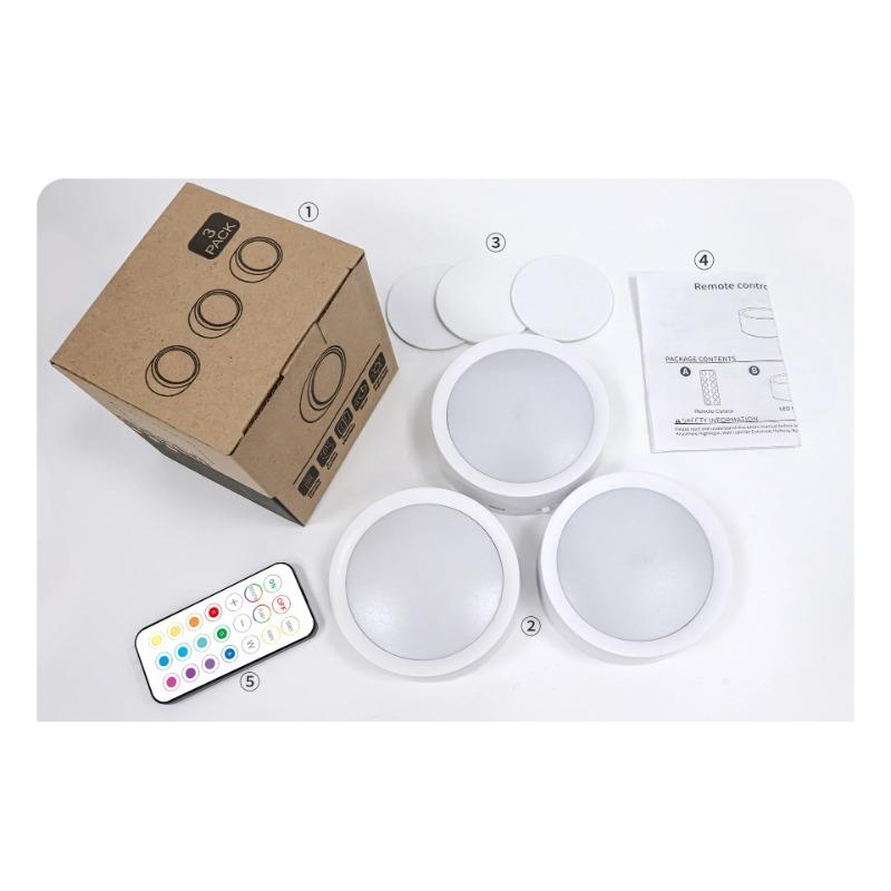 USB Rechargeable LED Puck Light  RGB Color  3 Lamps  1 Remote and Timer  Holiday Fairy Decoration for Bedroom Foyer  86mm