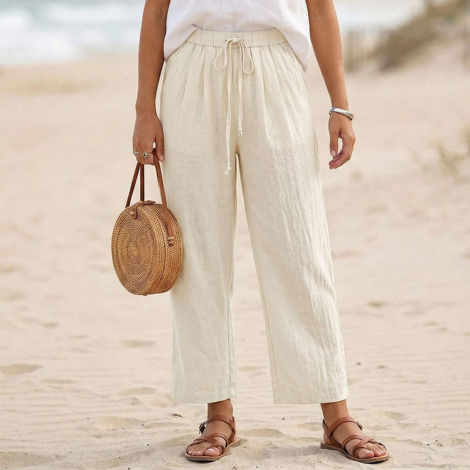 

Women s Fashion Elastic Fit Color Casual Loose Pocket Straight Leg Pants L бежевый