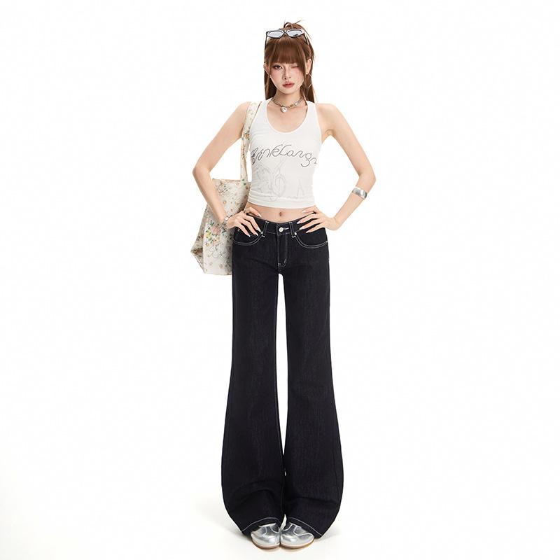 Denim Blue Low Waist Slightly Pulled Jeans Women's Summer New Loose and Skinny Not Sticky Legs Wide Leg Flared Pants