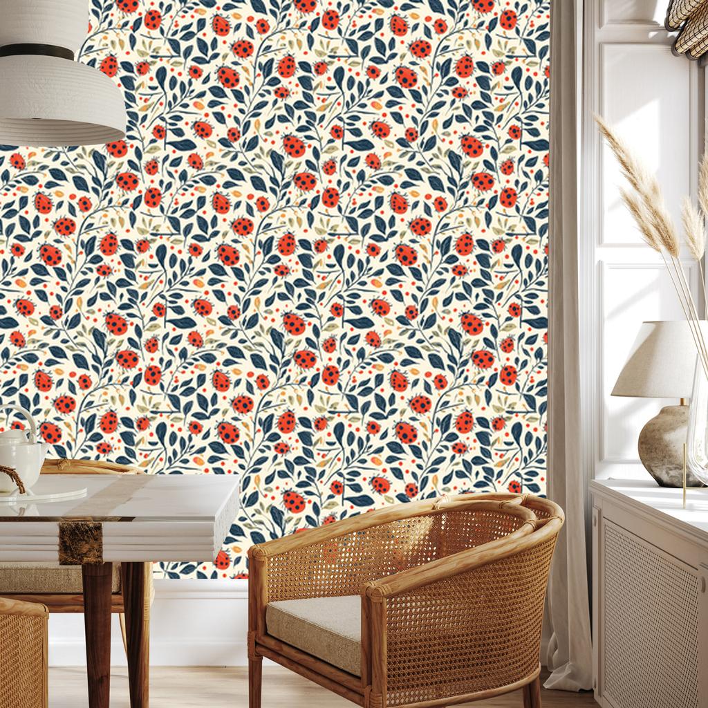 Ladybugs Wallpaper Cream and Light Gray for Living Room and Bedroom 50x1000