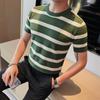 Men's Green Striped Ice Silk Slim-Fit T-Shirt - Summer Half-Sleeve