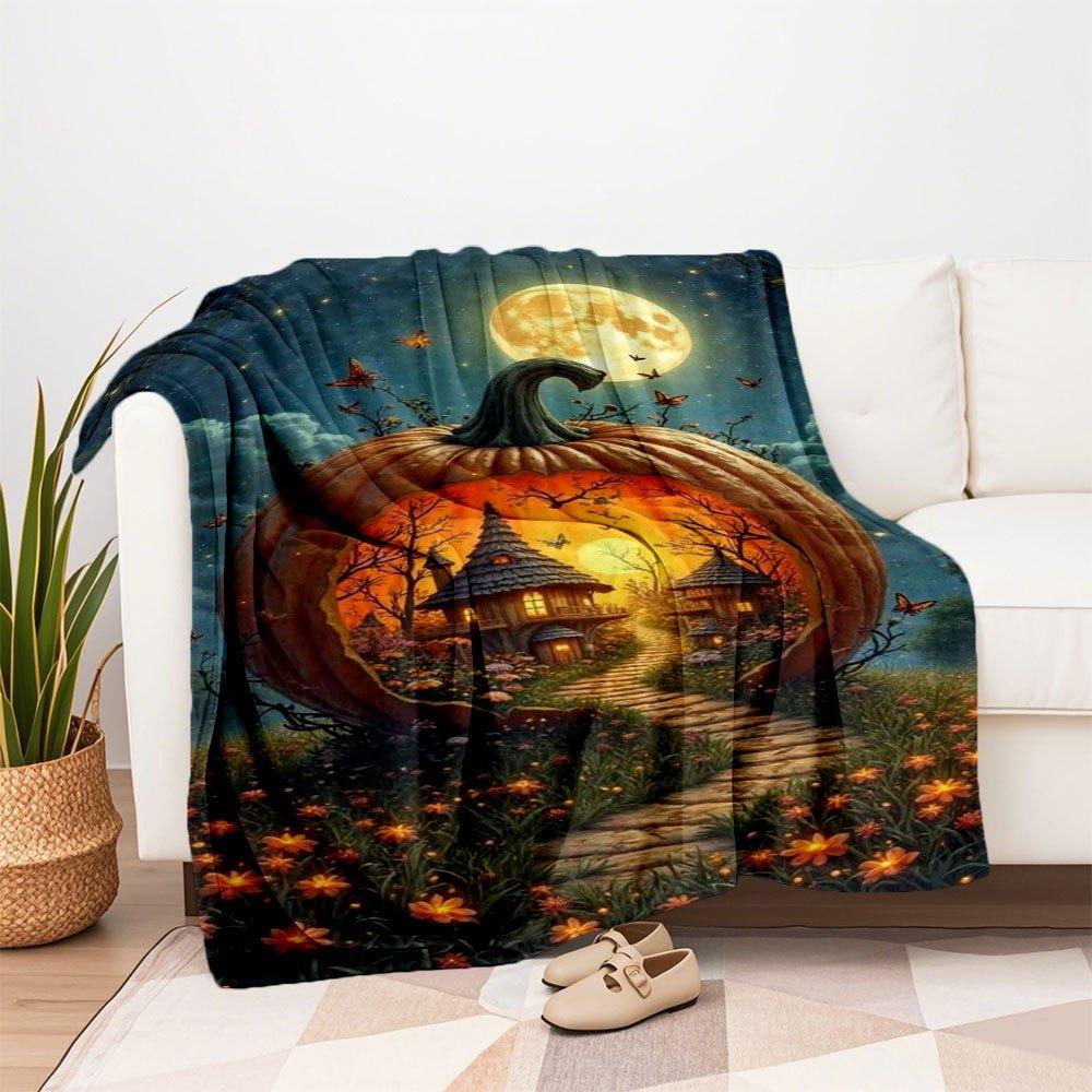 "Halloween Pumpkin House with Full Moon"Blanket Flannel Throw Blanket for Sofa, Bed, Travel, Camping, Office