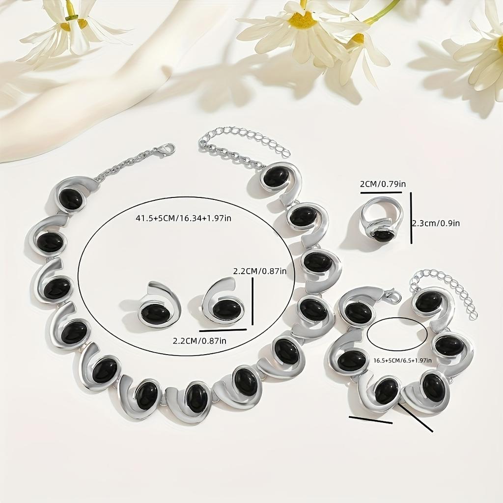 4pcs/Set Silver Women Fashion Simple Necklace Earrings Bracelet Ring Set Geometric Oval Black Acrylic Inlay Spiral Splicing