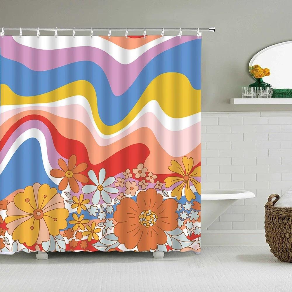Vintage Rainbow Floral Shower Curtain 70s Colorful Stripe Fun Elegant Bohemian Abstract Style Bathroom Decoration Shower Curta