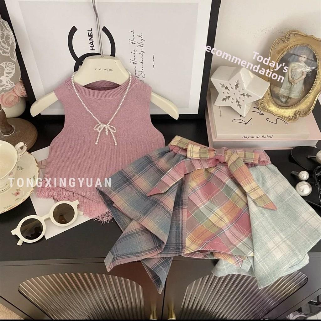 Summer Girls Sweet Two Piece Set With Tassel Vest And Playful Checkered Skir
