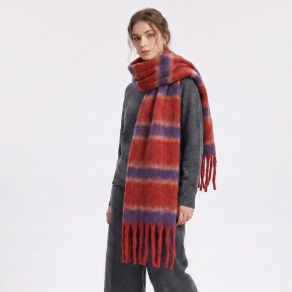 Long Stripe Wool Scarf Plush Women Cape Classic Warm Wraps Autumn