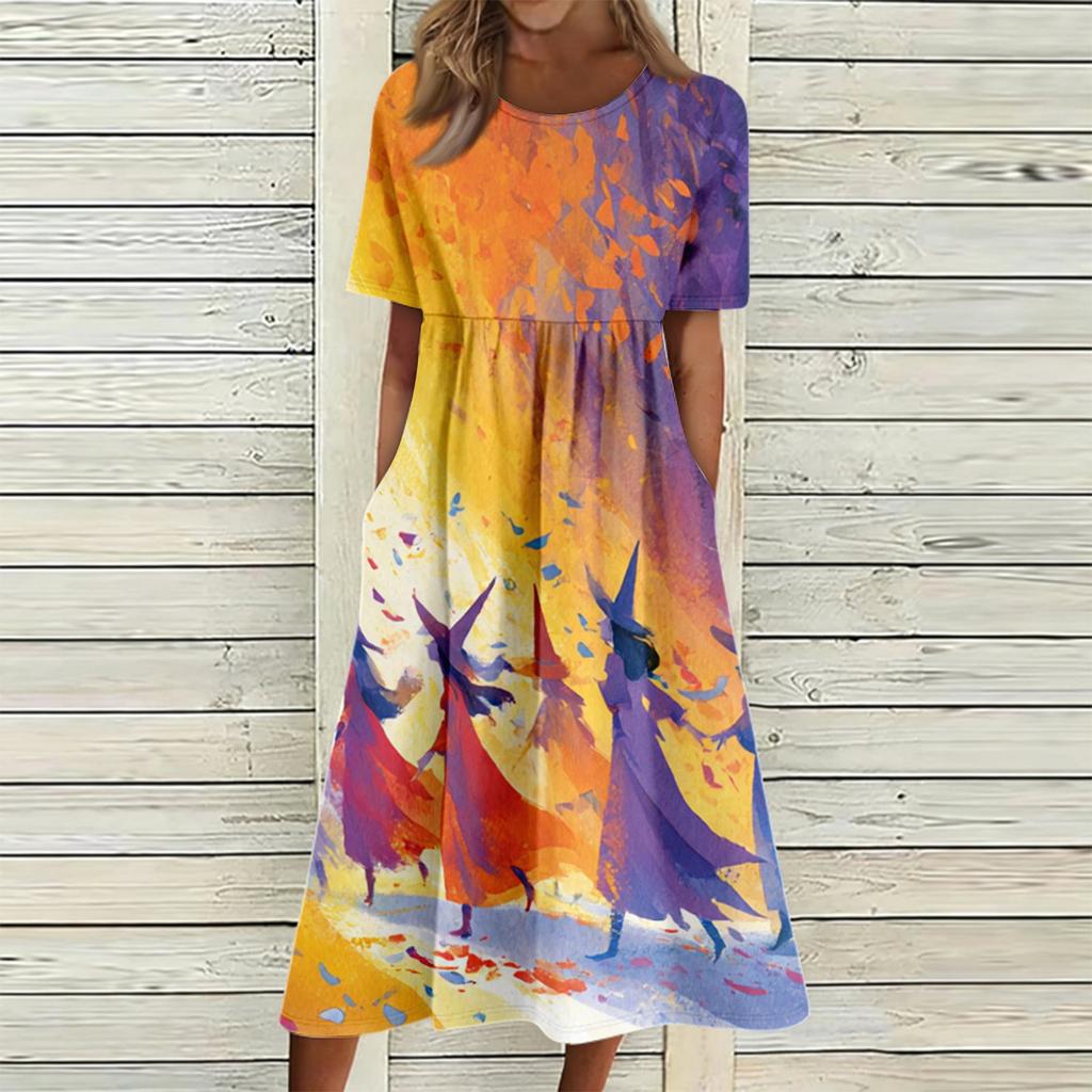 Women's Casual Halloween Print Round Neck Dress with Pockets