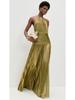 European and American Women's Metallic Pleated Slit Halter Dress 8155 - Sleeveless & Backless