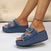 Women's Denim Camouflage Wedge Sandals, Buckle Design Open Toe Summer Shoes, Casual Outdoor Vacation Beach Slide Sandals