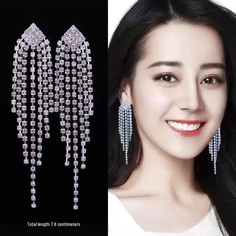 Elegant European & American Diamond Tassel Earrings - Korean Style for Evening Parties and Brides