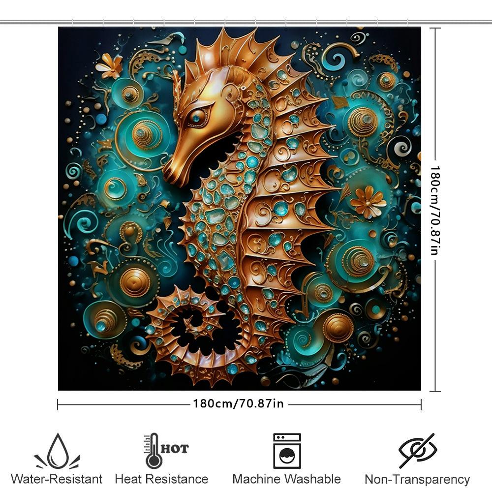 Decorative Sea Horse Bath Shower Curtain Waterproof Fabric For Bathroom Decor Gold Blue Color, Size 180X240Cm  Sho