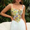 European and American Sexy Printed Fishbone Tops, Popular Backless Suspenders U-neck Women's Zipper Short Tops