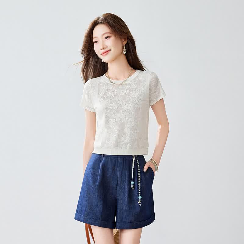Srcr Women's Silk Blend Hollow Jacquard Knit Short Sleeve Top