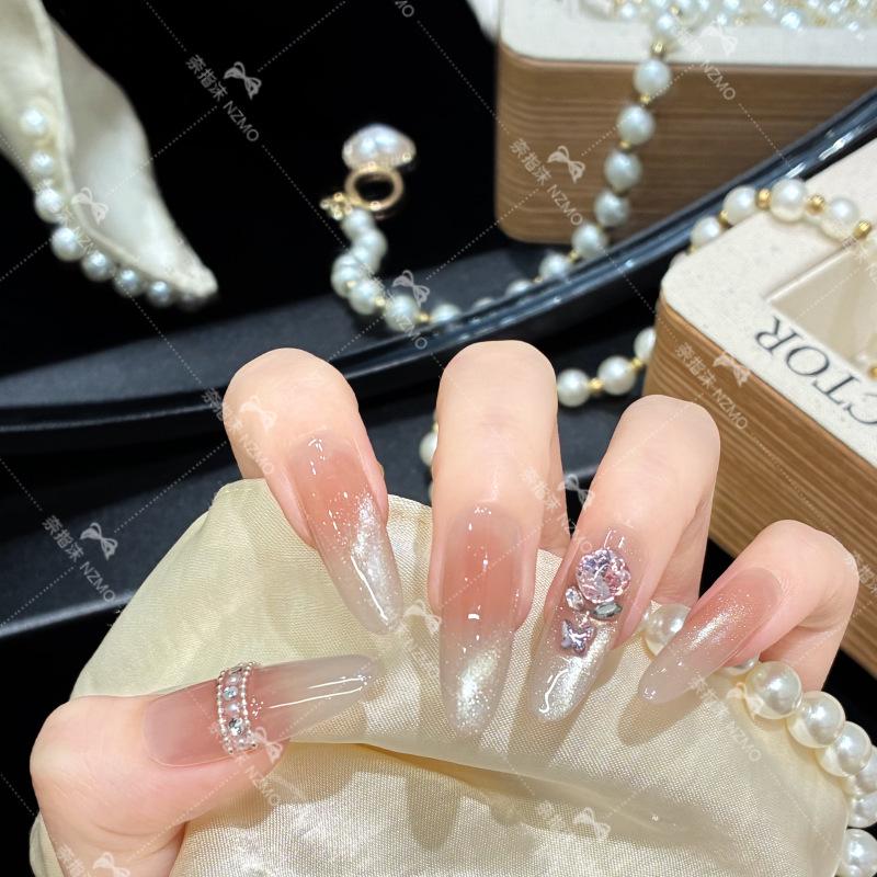 Ice-Clear Whitening Rose Rhinestone Long Handmade Wearable Nails
